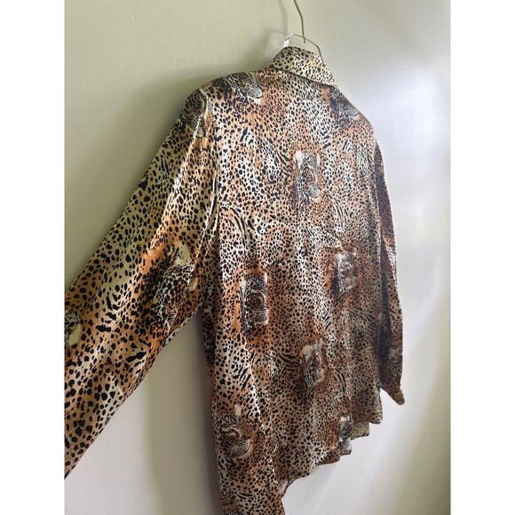 Vtg tiger leopard animal print 90s silk blouse Sz 10 - Picture 4 of 5